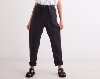 Women Linen Trousers, Straight-leg Linen Pants, Elegant, Classic, Comfortable Linen Trousers with Pockets and Elasticed Waist