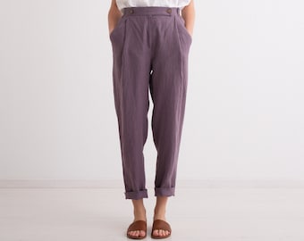 Women Linen Trousers, Elegant, Classic, High Waist Trousers with Pockets