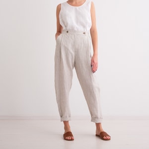 Women Linen Trousers, Elegant, Classic, High Waist Trousers with Pockets