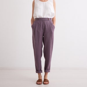 Women Linen Trousers, Elegant, Classic, High Waist Trousers with Pockets 13. Mauve