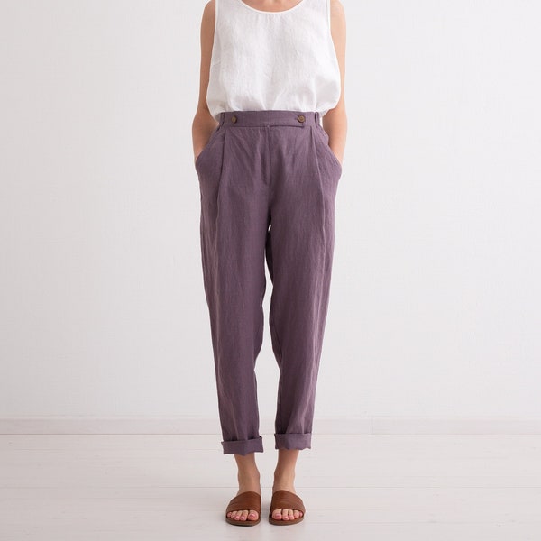 Women Linen Trousers, Elegant, Classic, High Waist Trousers with Pockets