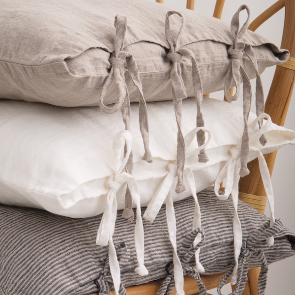 Linen pillow cover. Washed soft linen pillowcase with ties. Stylish custom size linen pillow for bedroom.