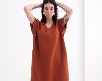 Linen Dress. Loose Silhouette Linen Dress with pockets and tying belt. Linen Summer Tunic