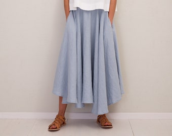 Linen Skirt, A Line linen Skirt with Pockets, Feminine and Elegant Circle Skirt with Asymmetrical Length