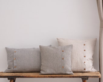 Linen Pillow Cover. Washed linen pillowcase with buttons. Stylish custom size linen pillow for living room.