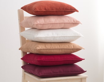 Funda de cojín suave lavada, funda de almohada de lino puro con cremallera, funda de cojín con cremallera, funda de cojín para sofá o sillón, cojín decorativo de color suave