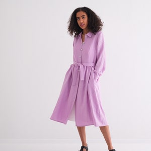 Linen Dress,  Linen Loose Dress, Midi length, Dresses with long sleeves and front buttons