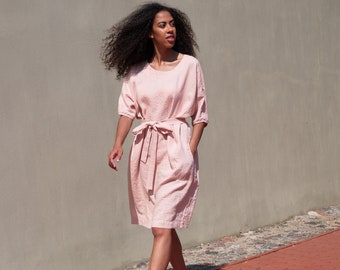 Linen Dress. Loose Silhouette Linen Dress with pockets and tying belt. Linen Summer Tunic