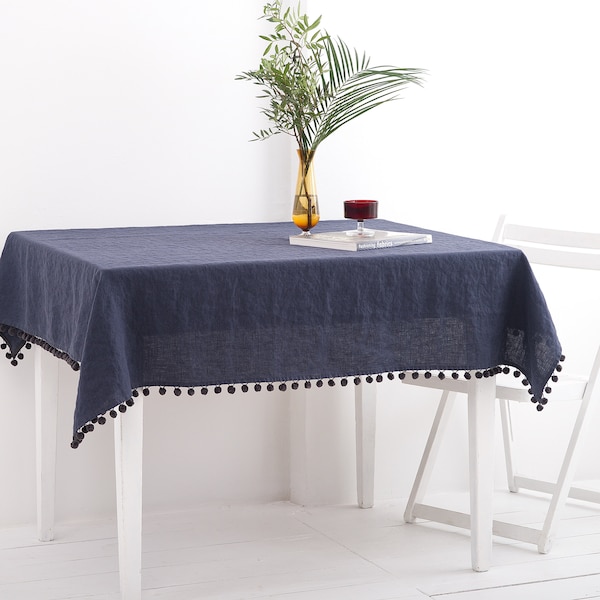 Table Linens, Pom Pom Tablecloth, Linen Tablecloth, Kitchen Tablecloth