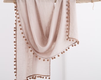 Linen Scarf. Linen Shawl.  Linen Scarf with Pom-Pom trim.