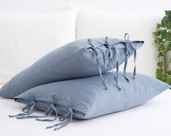 FUNDA DE ALMOHADA DE LINO - Funda de almohada cuadrada - Funda de almohada suavizada - Funda de almohada con lazos - Funda de almohada elegante - Funda de almohada orgánica