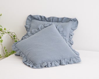 Linen Pillow Case with Ruffles, Custom Colour Linen Pillow Case, Decorative Linen Pillow Cover