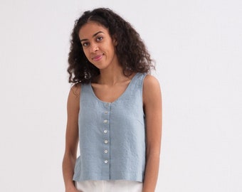 Linen Top, Linen Tank Top with Button, Linen Sleeveless Top