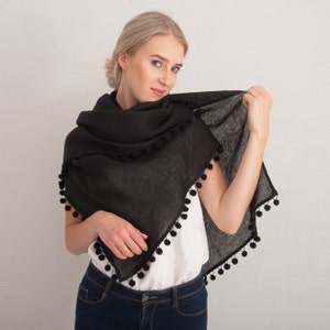 Linen Scarf. Linen Shawl. Linen Scarf with Pom-Pom trim. Black Linen Scarves.