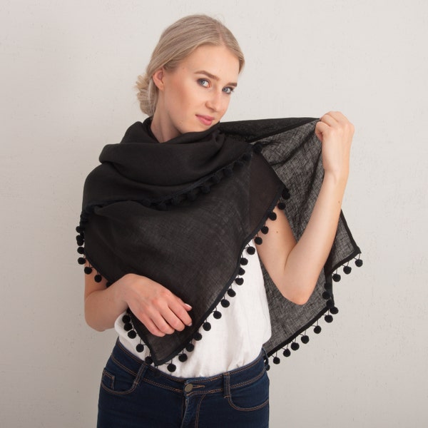 Linen Scarf. Linen Shawl. Linen Scarf with Pom-Pom trim. Black Linen Scarves.