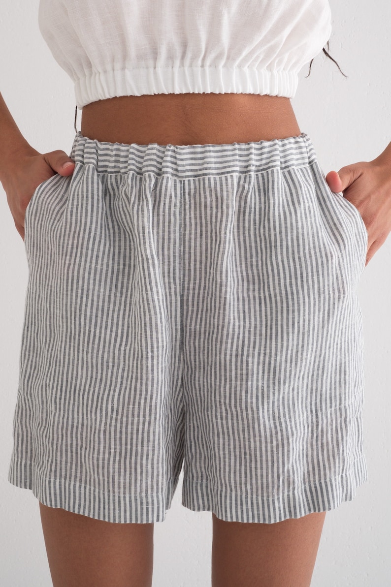 Leinen-Pyjama, Leinen-Pyjama-Set Crop Top und Shorts, Leinen-Nachtwäsche 13. Gray / White