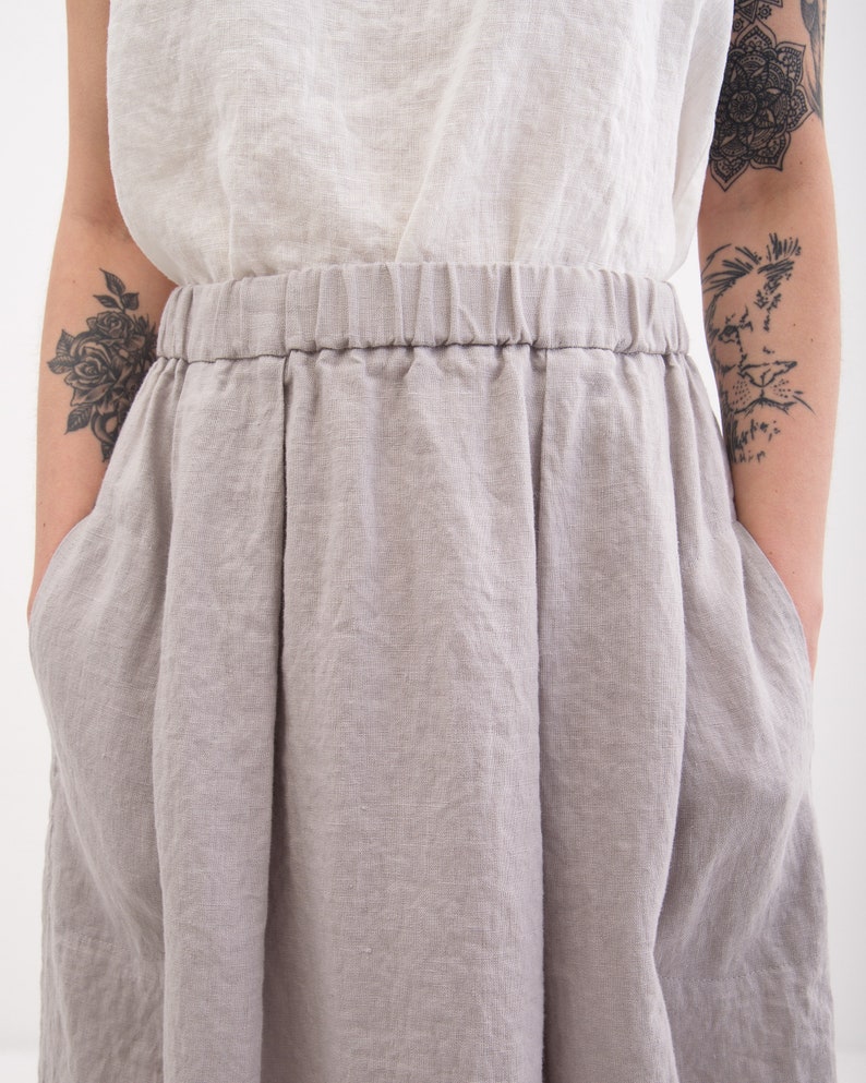 Linen Skirt, Linen Skirt with Pockets, Pleated Elastic Waist Linen Skirt image 3