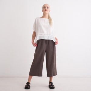 Linen culottes, Washed Linen Women Pants. Comfortable Wide Leg Trousers with Pockets and Elastic Waist. image 3