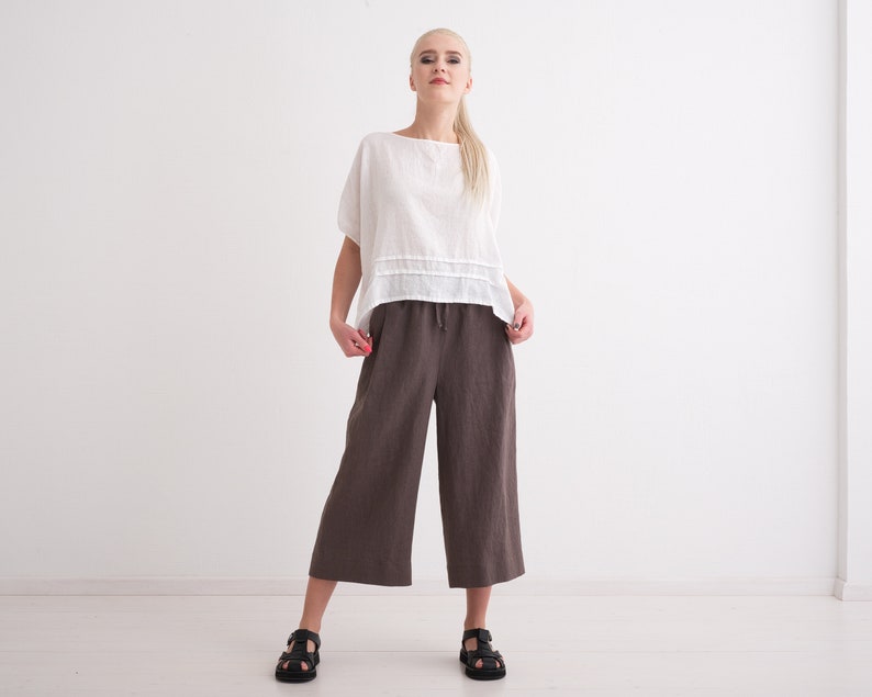 Linen culottes, Washed Linen Women Pants. Comfortable Wide Leg Trousers with Pockets and Elastic Waist. image 3