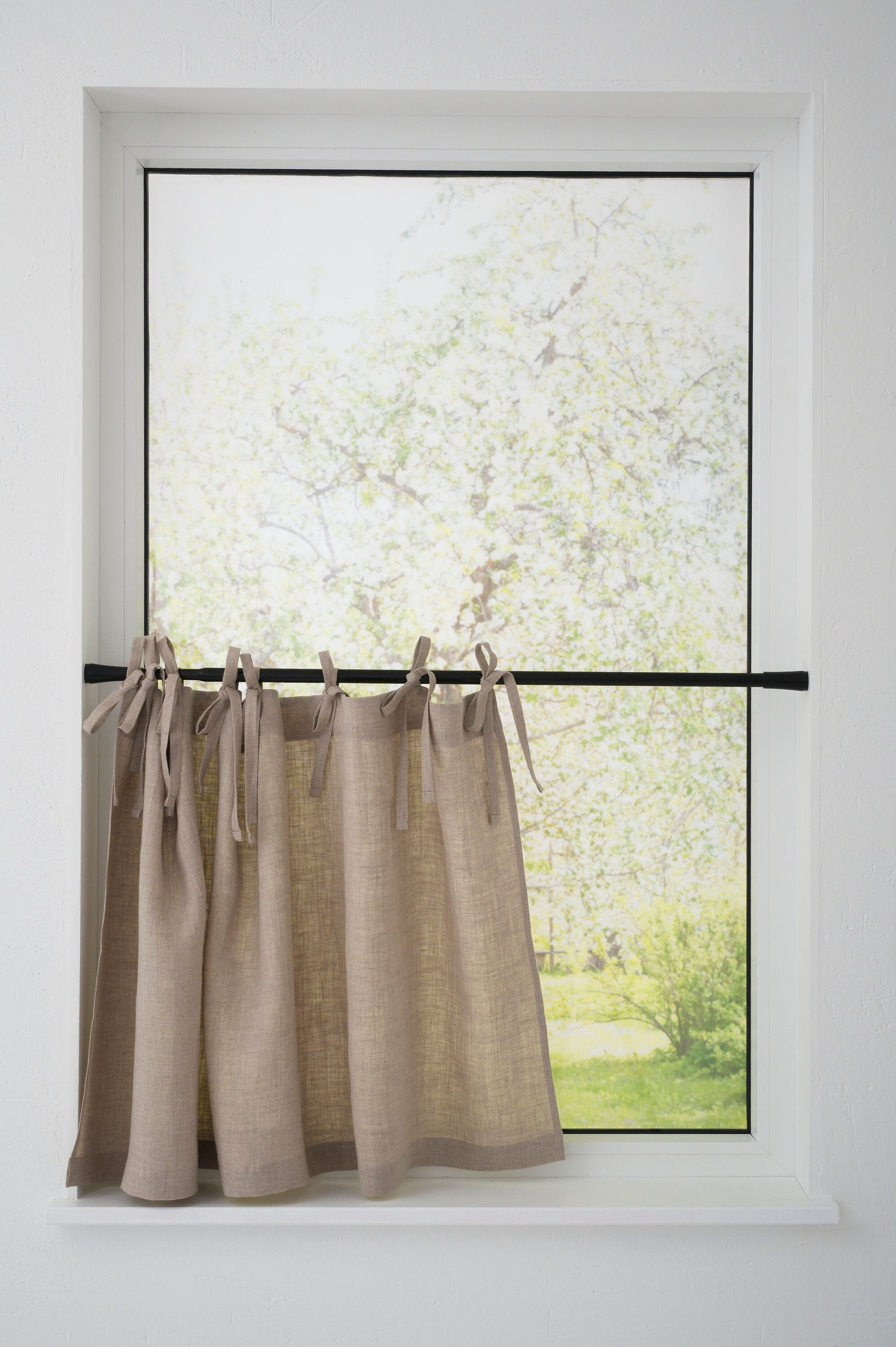 Linen Cafe Curtains, Natural Linen Drapery for Kitchen, Bathroom drapery Curtain with Ties
