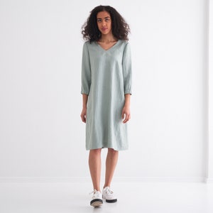 Oversized, Midi Length Linen Dress, Linen Loose Dress, Linen Dress, V neckline Linen Dress