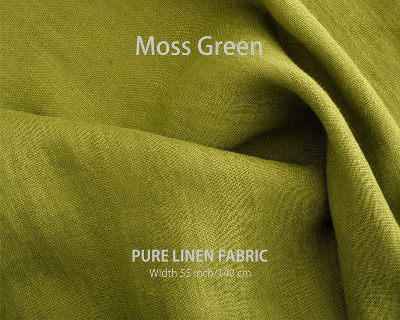 May include: A close-up of a soft, moss green linen fabric. The fabric is folded and has a natural, textured look. The text "PURE LINEN FABRIC" and "Width 55 inch/140 cm" is printed on the fabric.