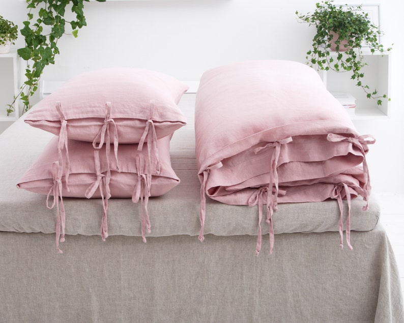 3 pieces Linen Set with ties Linen Bedding Set 2 Pillowcases Linen Bedding, Duvet Covers