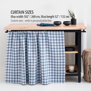 Linen kitchen curtains, cafe linen drapery for kitchen, privacy tier valances bookshelf, shelf cabinet skirt