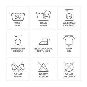May include: A set of nine black and white laundry care symbols. The symbols include instructions for washing, drying, ironing, and dry cleaning. The symbols are displayed in a grid format.