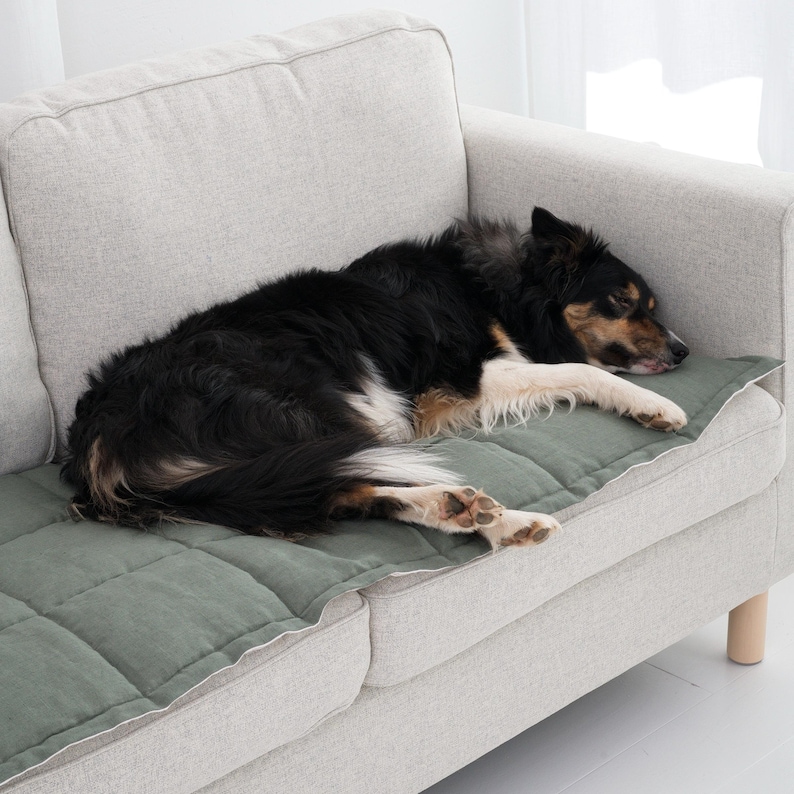 K&ouml;nnte beinhalten: Ein schwarz-braun-wei&szlig;er Hund schl&auml;ft auf einer gesteppten, salbeigr&uuml;nen Sofahusse. Die H&uuml;lle ist rechteckig und hat einen wei&szlig;en Rand. Der Hund liegt auf einem hellgrauen Sofa mit Holzbeinen.