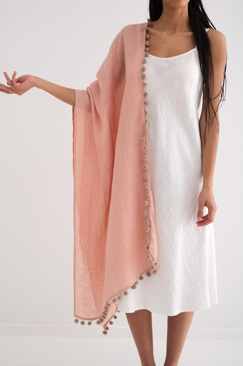 Linen Scarf. Linen Shawl. Linen Scarf with Pom-Pom trim. Paradise Peach Linen Scarf. image 3