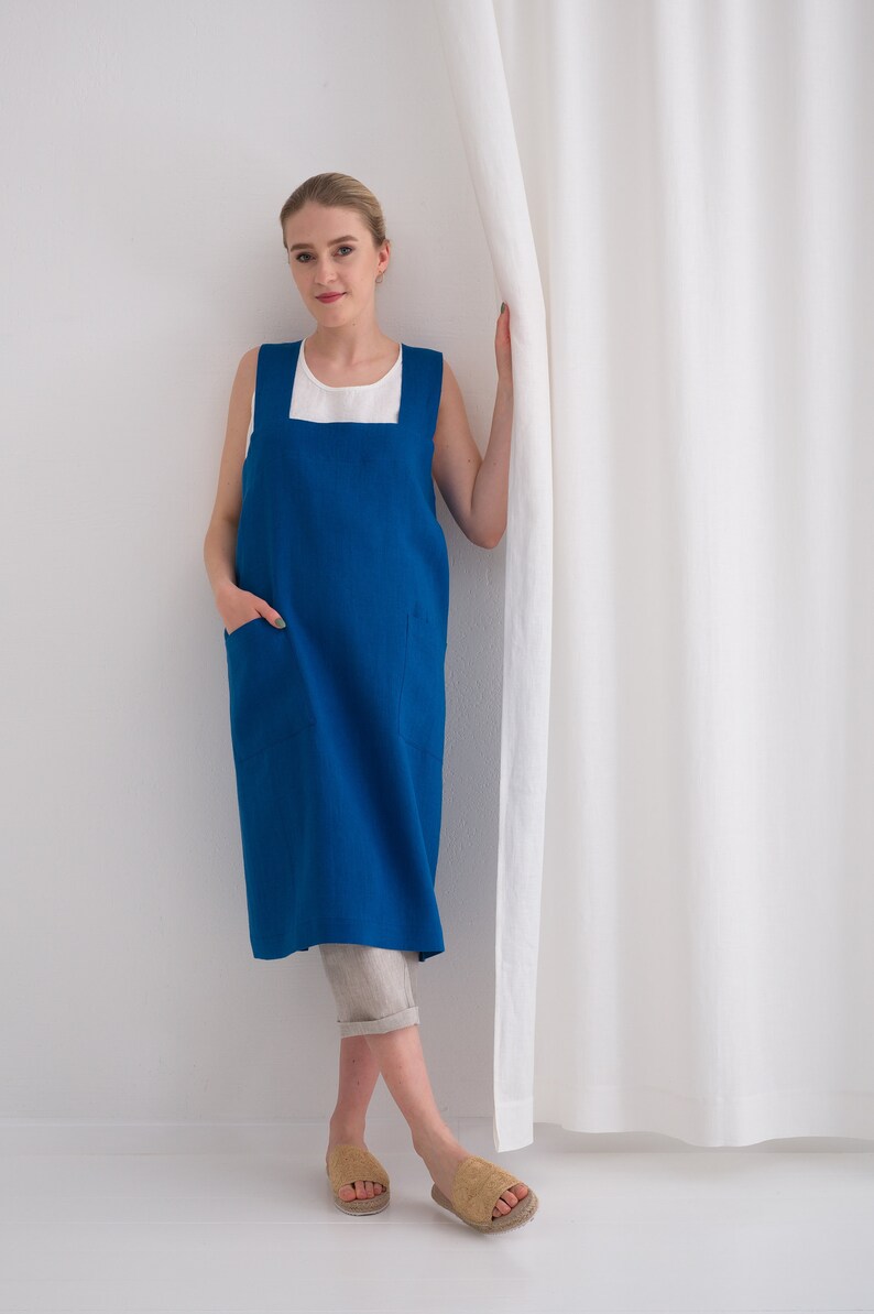 Japanese Cross Back Linen Apron, Japanese Style Linen Apron, Classic Linen Apron, Cross Back Linen Apron 30. Classic Blue