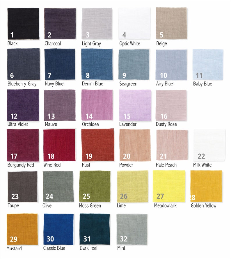May include: Swatch card displaying 32 fabric samples in a range of colours, including black, white, grey, blue, red, green, yellow, and brown. Each sample is labelled with a number and a colour name.