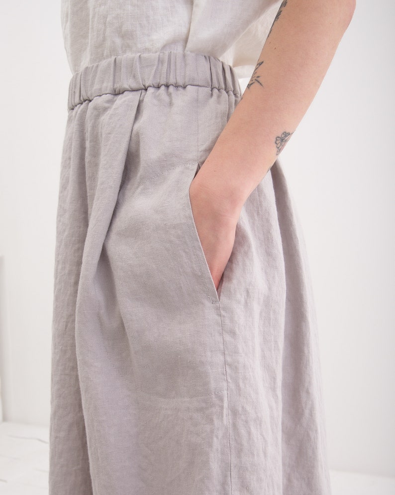 Linen Skirt, Linen Skirt with Pockets, Pleated Elastic Waist Linen Skirt image 2