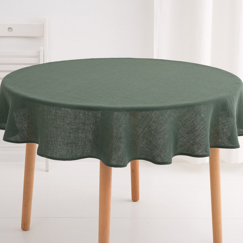 Round Linen Tablecloth, Wedding Linen Tablecloth, Linen Tablecloth Forest Green