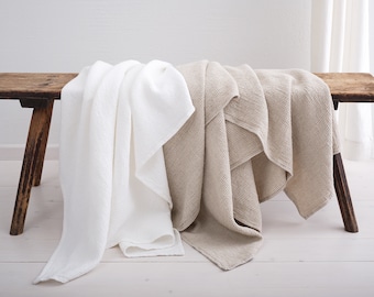 Natural Linen Throw Blanket, Bedspread, Waffle Linen Blanket, Coverlet, Linen Bed Throw, Blanket