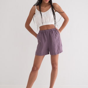 Leinen-Pyjama, Leinen-Pyjama-Set Crop Top und Shorts, Leinen-Nachtwäsche 2. Mauve