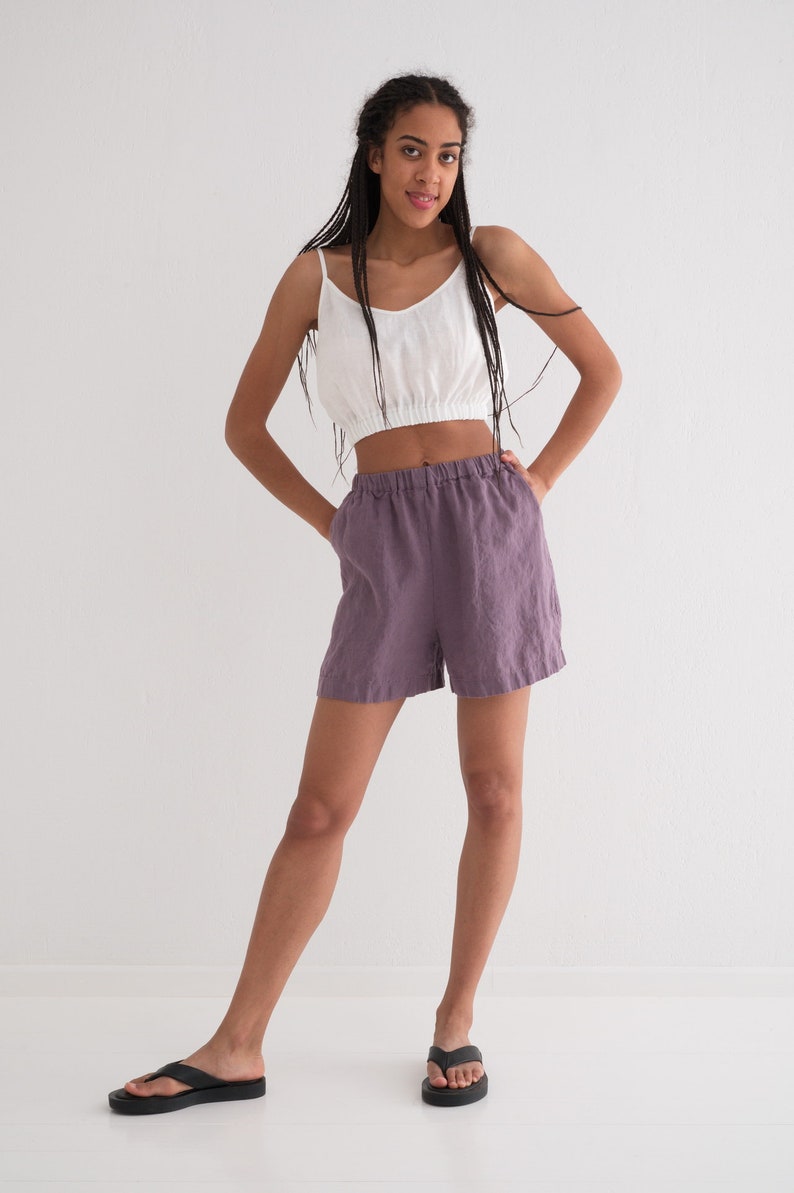 Leinen-Pyjama, Leinen-Pyjama-Set Crop Top und Shorts, Leinen-Nachtwäsche 2. Mauve