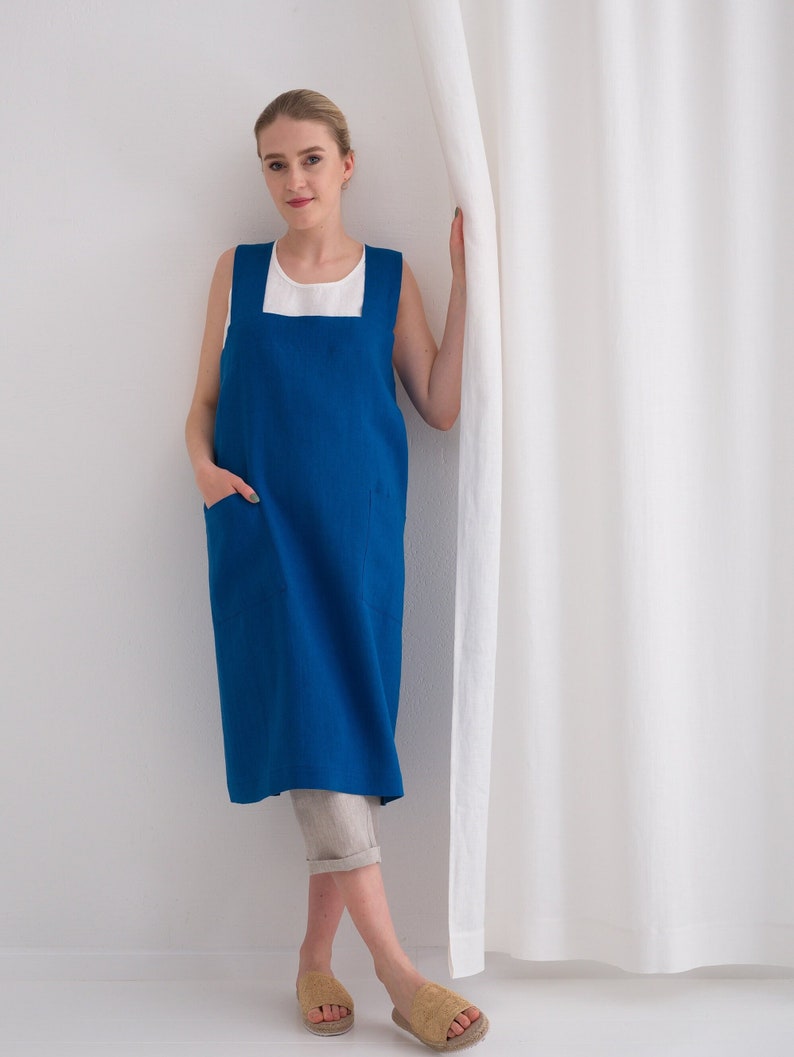 Linen Apron, Japanese Style Linen Apron, Cross Back Linen Apron 30. Classic Blue