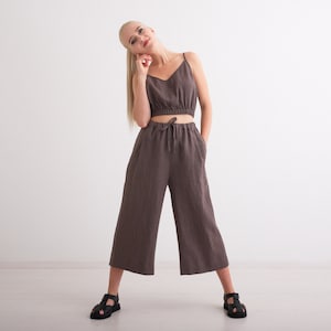 Linen culottes, Washed Linen Women Pants. Comfortable Wide Leg Trousers with Pockets and Elastic Waist. 23. Taupe