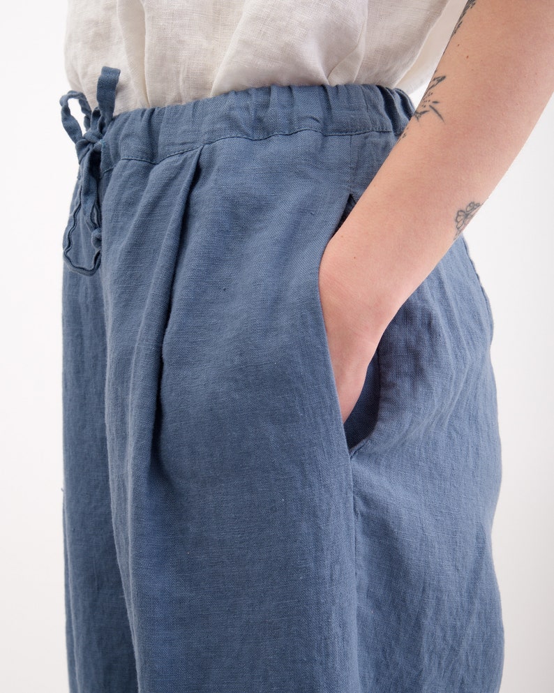 Linen culottes, Washed Linen Women Pants. Comfortable Wide Leg Trousers with Pockets and Elastic Waist. image 6