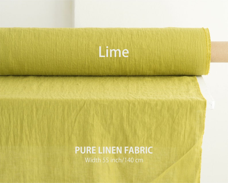Soft linen fabric by the yard, Best flax linen, Premium European quality for sale, Natural Moss Green color, linen fabric store 26. Lime