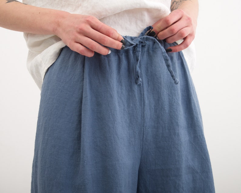 Linen culottes, Washed Linen Women Pants. Comfortable Wide Leg Trousers with Pockets and Elastic Waist. 8. Denim Blue