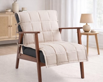 Custom Linen Chair Cover, Quilted Pad for Armchair Seat, Reversible Overlay, Tie-On Cushion Protector