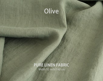 May include: Olive green pure linen fabric, a close-up of the fabric texture. The fabric is 55 inches wide or 140 centimeters.