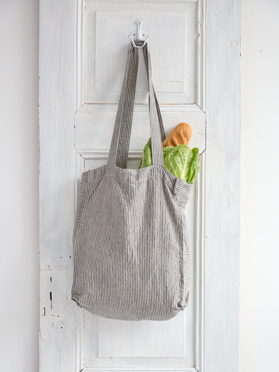 Striped Linen Tote Bag: Handmade European Stonewashed Shopping Bag