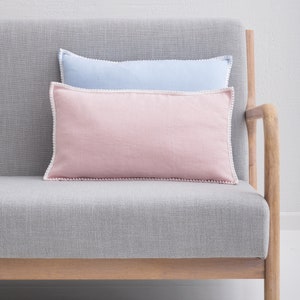 Linen Pillow Cover. Washed linen pillowcase with pom-poms. Stylishe custom size linen pillow for living room.