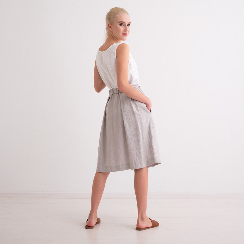 Linen Skirt, Linen Skirt with Pockets, Pleated Elastic Waist Linen Skirt image 5
