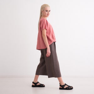 Linen culottes, Washed Linen Women Pants. Comfortable Wide Leg Trousers with Pockets and Elastic Waist. image 4