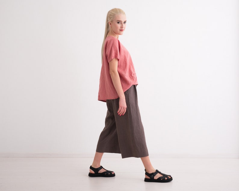 Linen culottes, Washed Linen Women Pants. Comfortable Wide Leg Trousers with Pockets and Elastic Waist. image 4